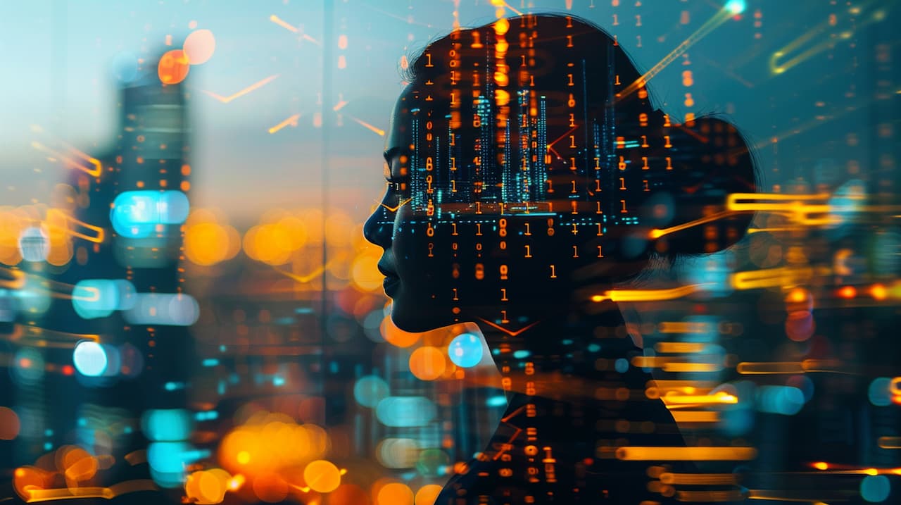 A female figure in silhouette against city lights, embodying an ai-assisted-devops-engineer.