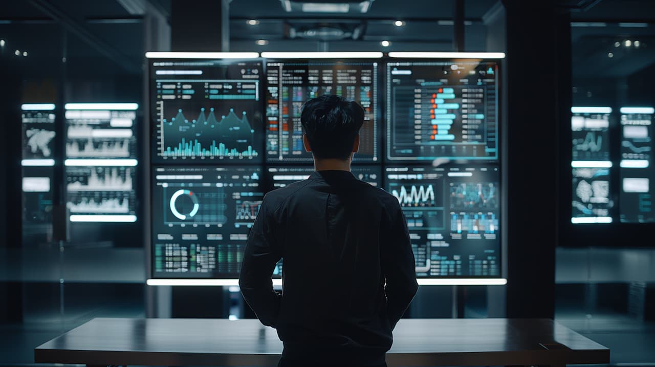 A man stands before a large screen displaying various data, engrossed in examining workflows on the screen