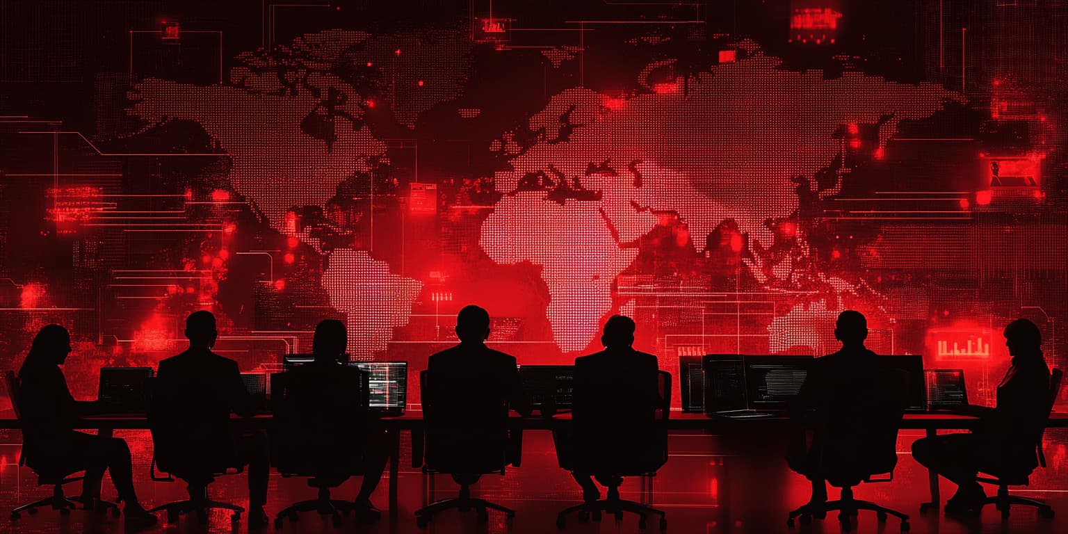 Group of hacker silhouettes in a dark room looking at a red screen displaying a map during a red teaming exercise.