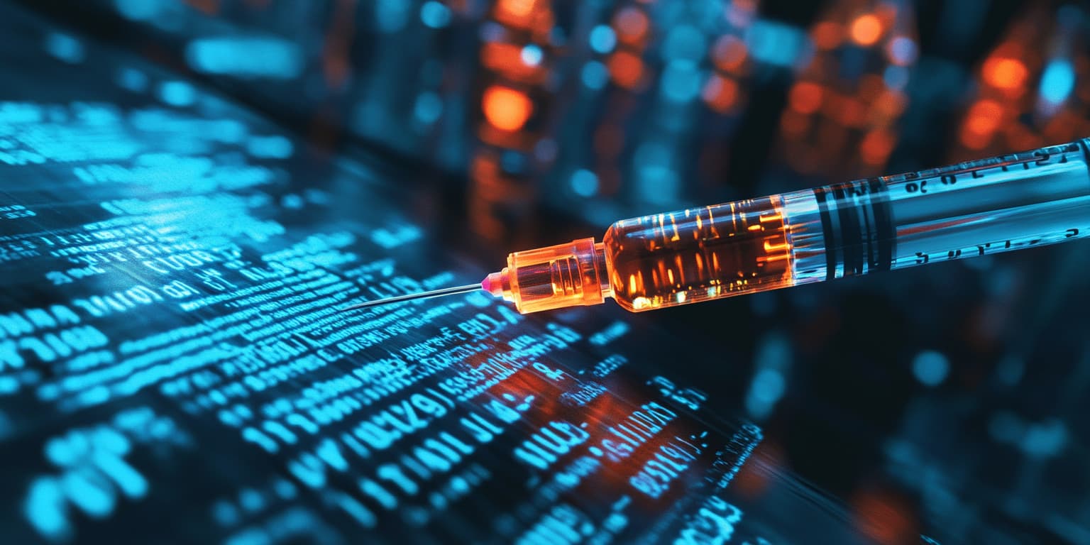 Needle injecting into a screen with code, representing prompt injection attacks in large language models (LLMs).
