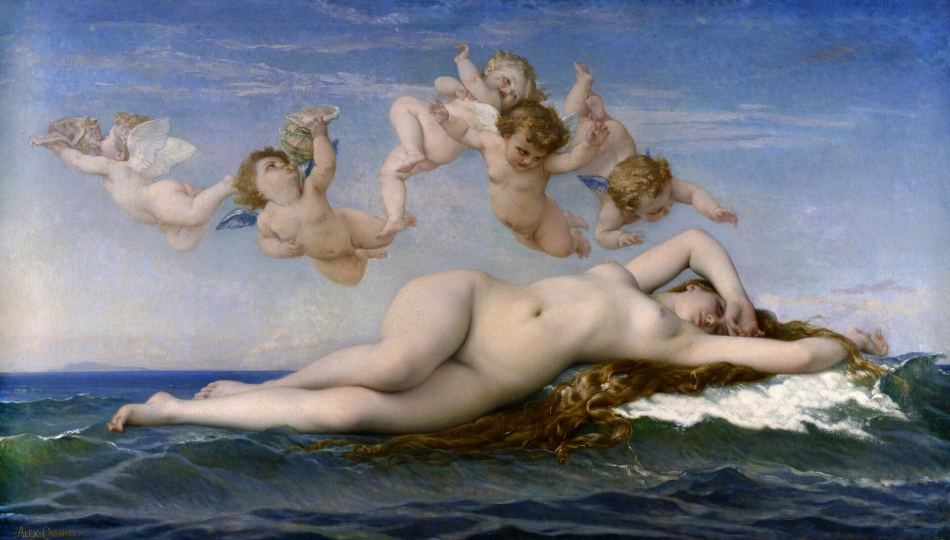 Alexandre Cabanel's The Birth of Venus, a classical academic painting depicting the goddess Venus lying on a seashell, surrounded by cherubs, showcasing the traditional, artist-controlled narrative of fixed meaning in art.