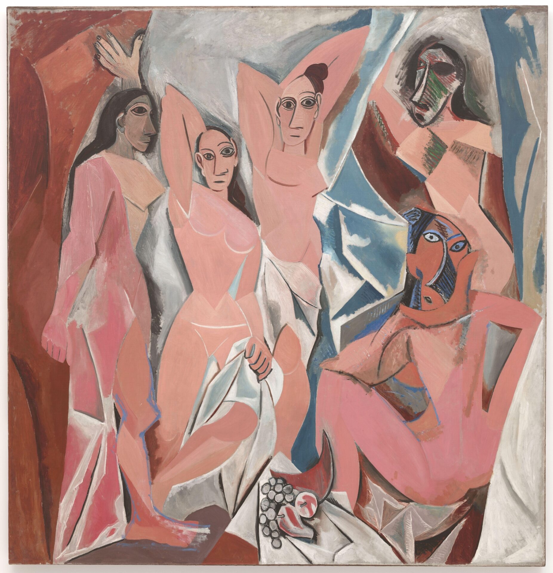 Pablo Picasso's Les Demoiselles d'Avignon, a groundbreaking Cubist painting featuring fragmented, angular female figures, challenging traditional perspectives and requiring active viewer interpretation to assemble meaning.