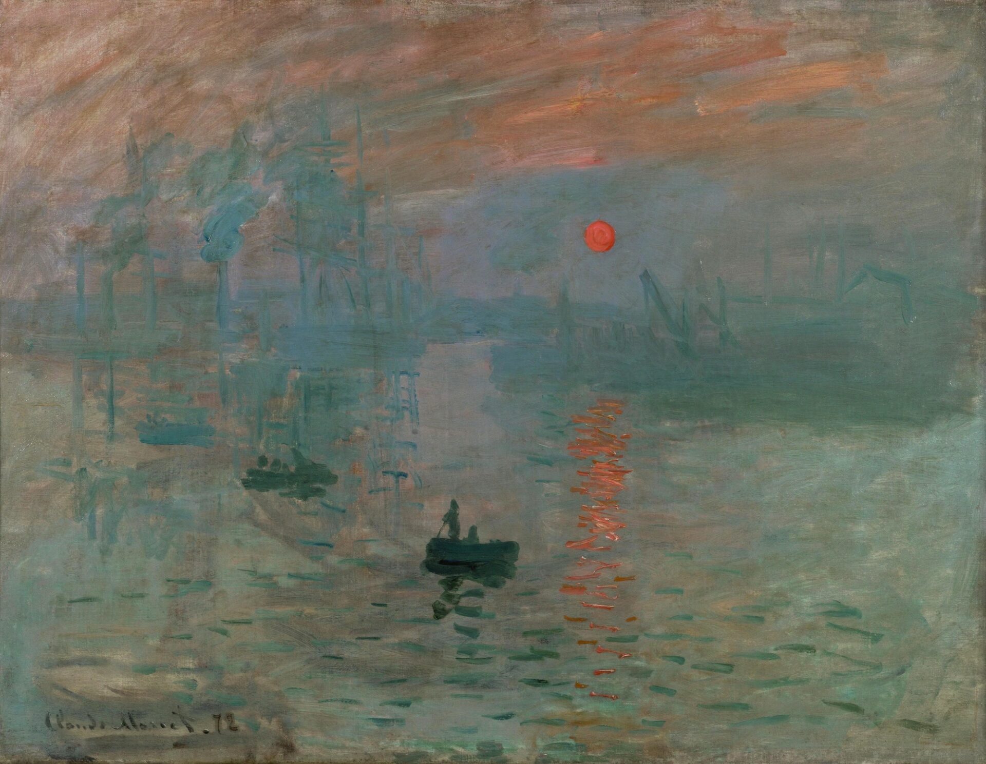 Claude Monet's Impression, Sunrise, an iconic Impressionist painting depicting a hazy sunrise over a harbor with blurred forms and vibrant colors, inviting active viewer interpretation and emotional engagement.