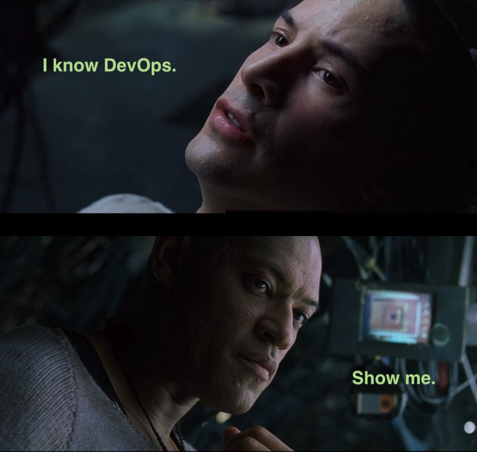 Neo at the top of the image saying 'I know DevOps,' while Morpheus at the bottom responds with 'Show me.' The scene symbolizes AI-powered learning, automation, and adaptive intelligence in DevOps, reflecting how Titans AI and Transformer² enable real-time skill mastery and infrastructure optimization